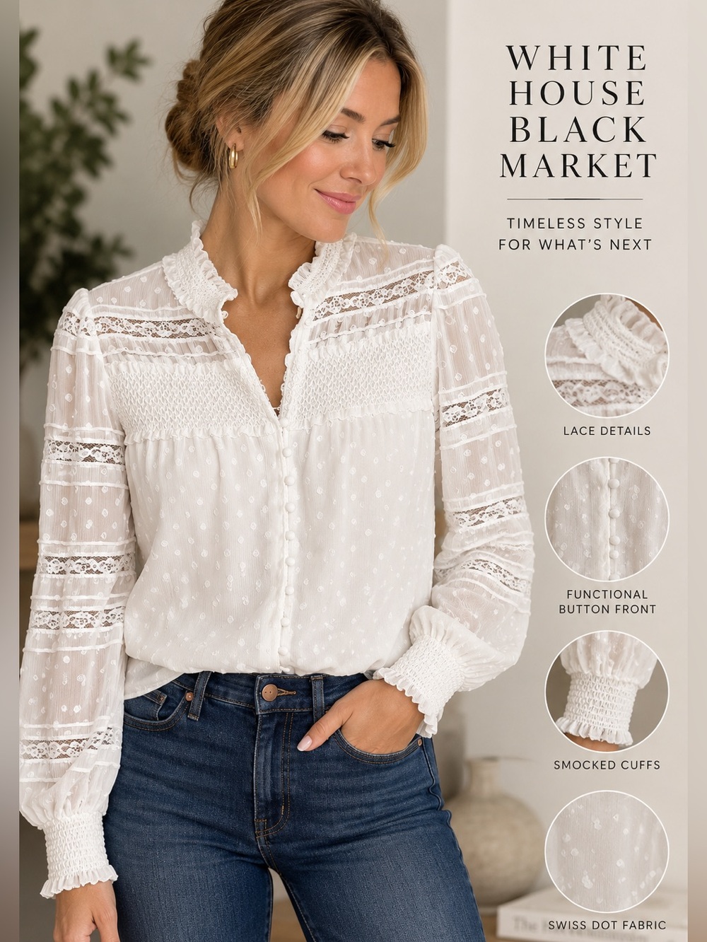 White House Black Market XS White Lace Swiss Dot Blouse